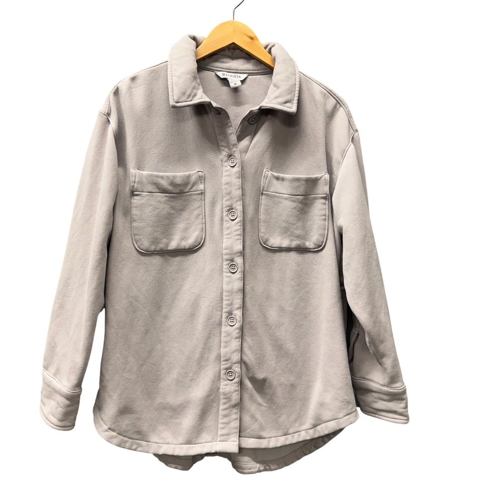 Athleta Retroplush Shirt Jacket Womens M Shacket Lavender Gray Comfy Button Up